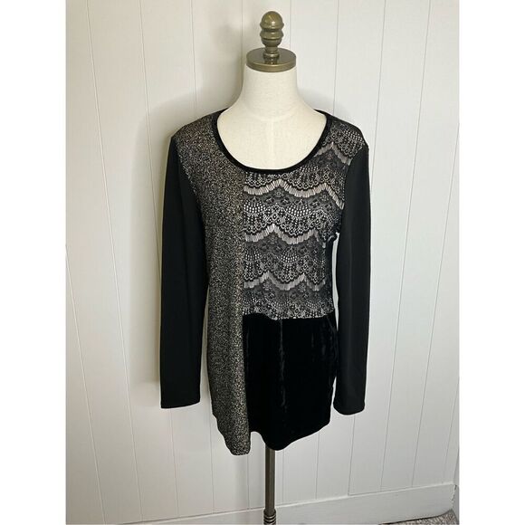 Style & Co Women Medium Pullover Tunic Top Black Mixed Media Long Sleeve Stretch - Picture 1 of 11